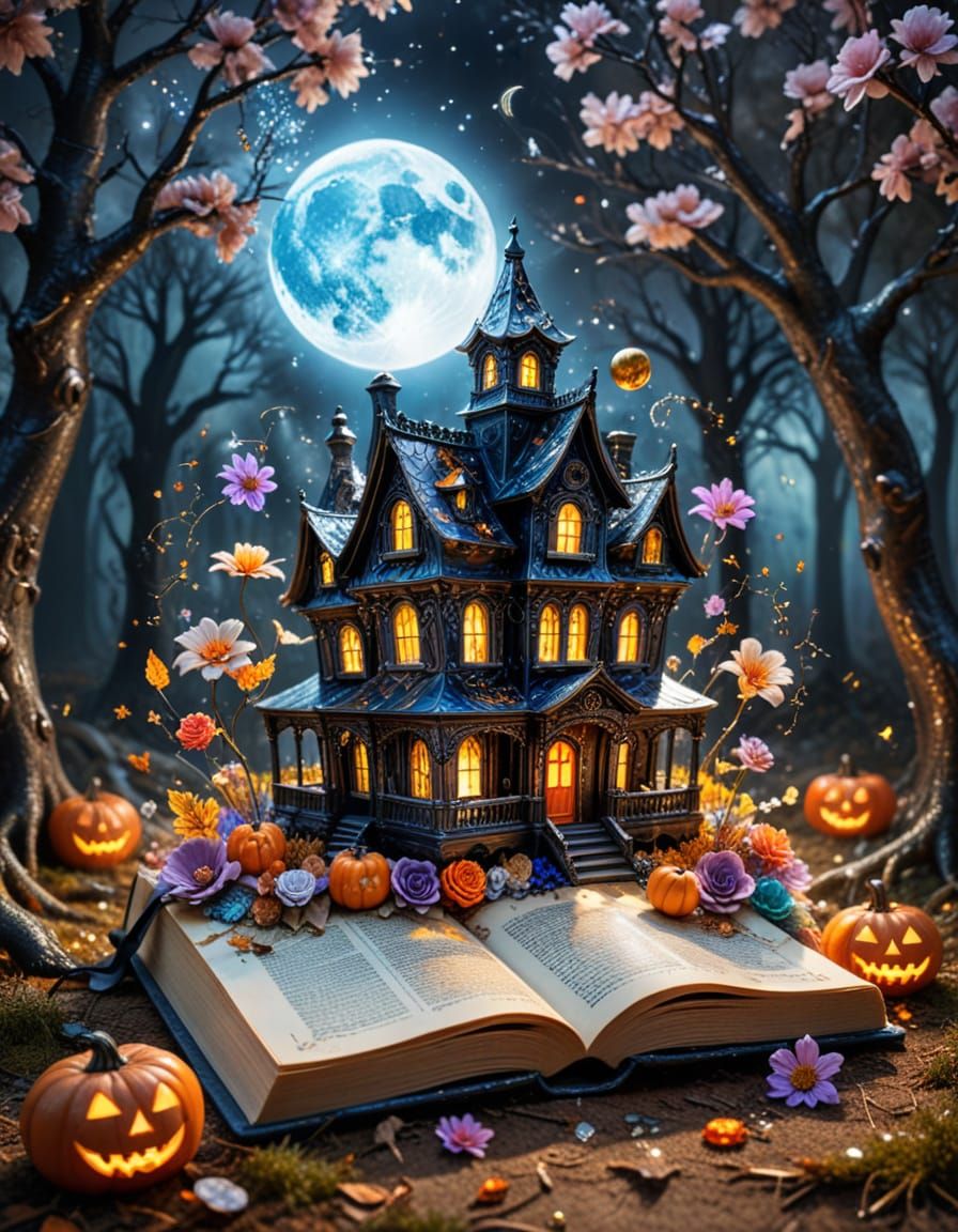 Haunted House of Magic Books with Cosmic Halloween Scene