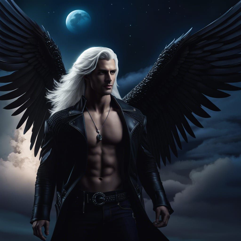 Handsome Angel with Black Wings Under Moonlight