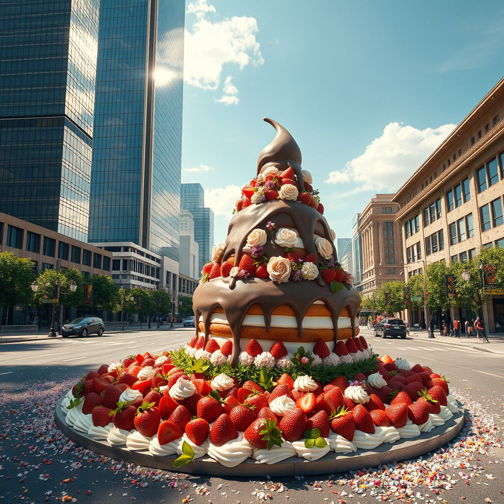 Chocolate Skyscraper in a Whimsical Dessert Landscape