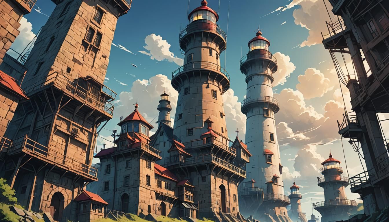 Anime Lighthouse Towers with Cinematic Lighting