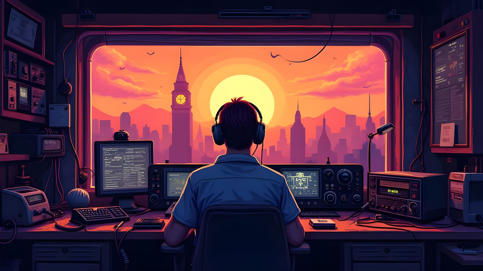Pixel Art Ham Radio Scene at Sunset