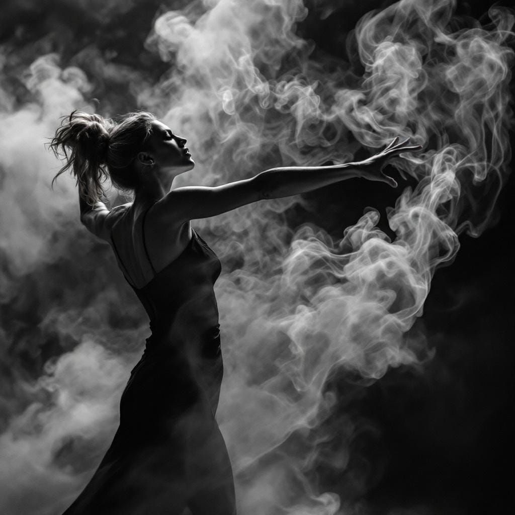 Passionate Blonde Woman Dancing in Swirling Smoke