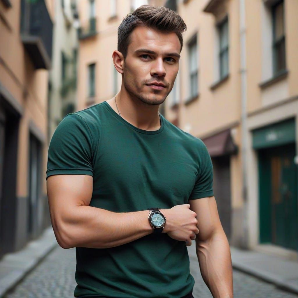 Slavic Man in Green T-Shirt: Cinematic Street Scene