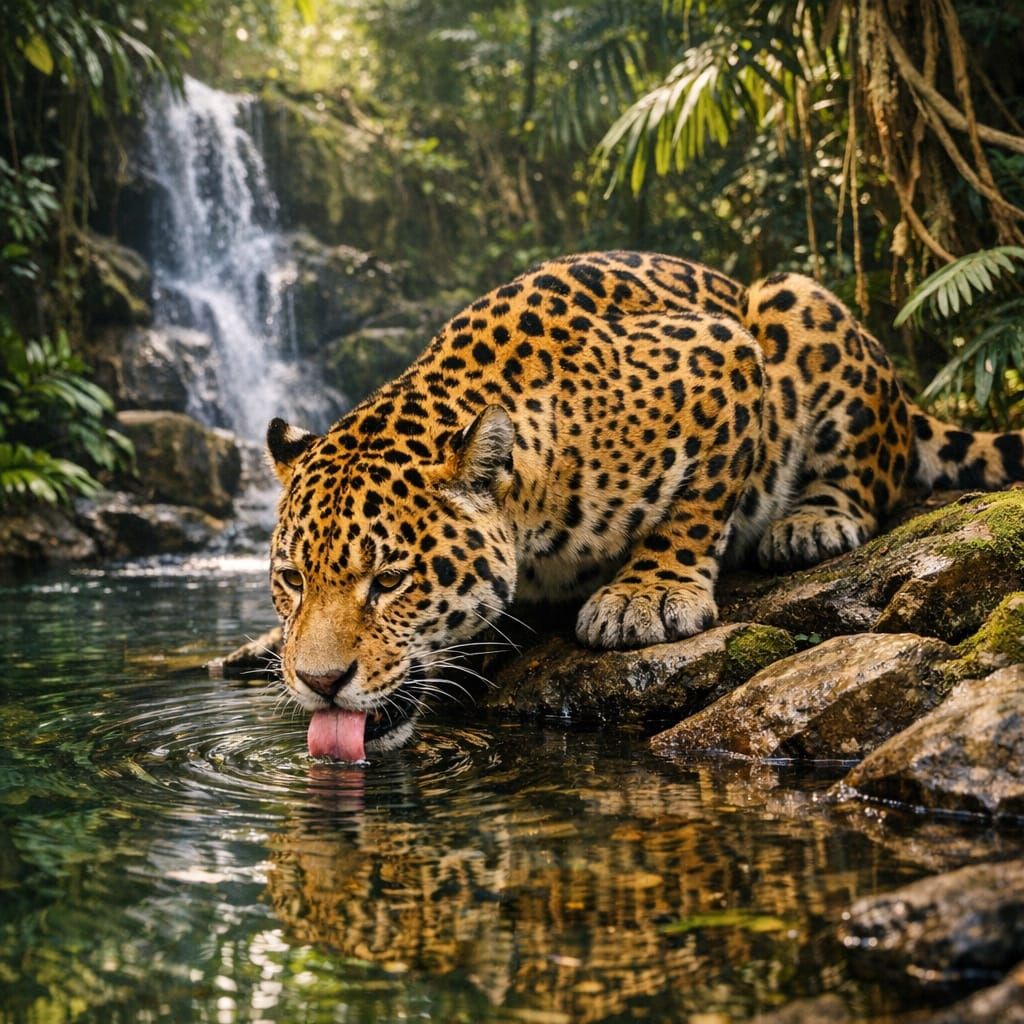 Jaguar Drinks Water From Jungle Pool