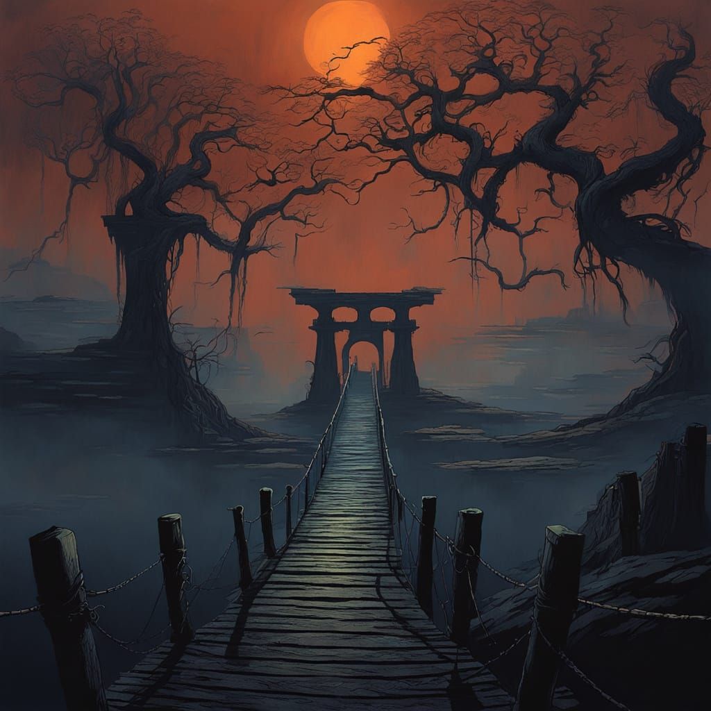 Ethereal Dark Fantasy Bridge at Dusk