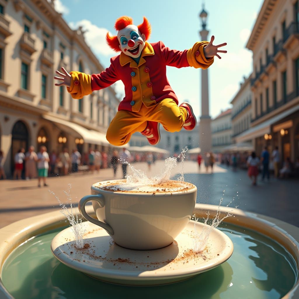 Clown's Coffee Plunge: Matte Painting in Baroque Piazza