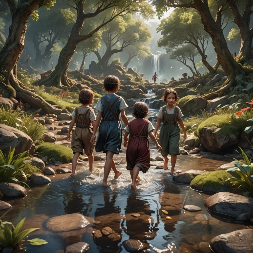 Children Playing by Stream: Detailed Matte Painting