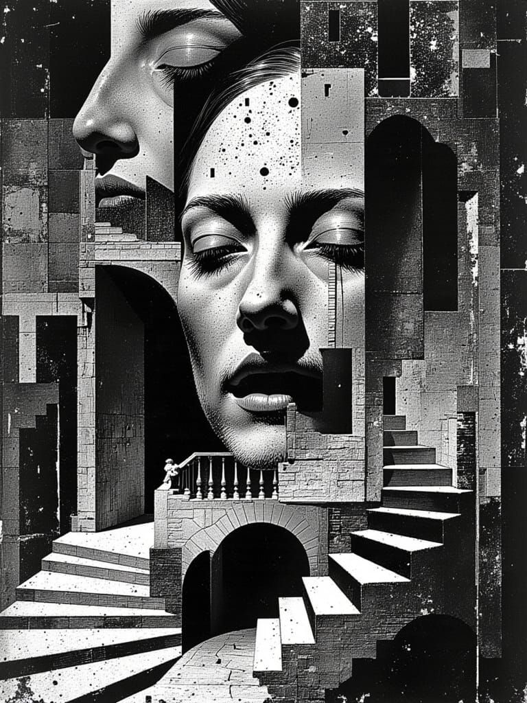 Escher-Inspired Face Dissolves into Klimt-Style Staircase in...