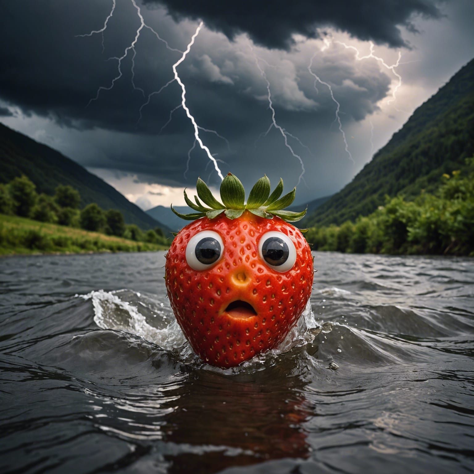 Hyperrealistic Orange Strawberry Hurtles Through Stormy Skie...