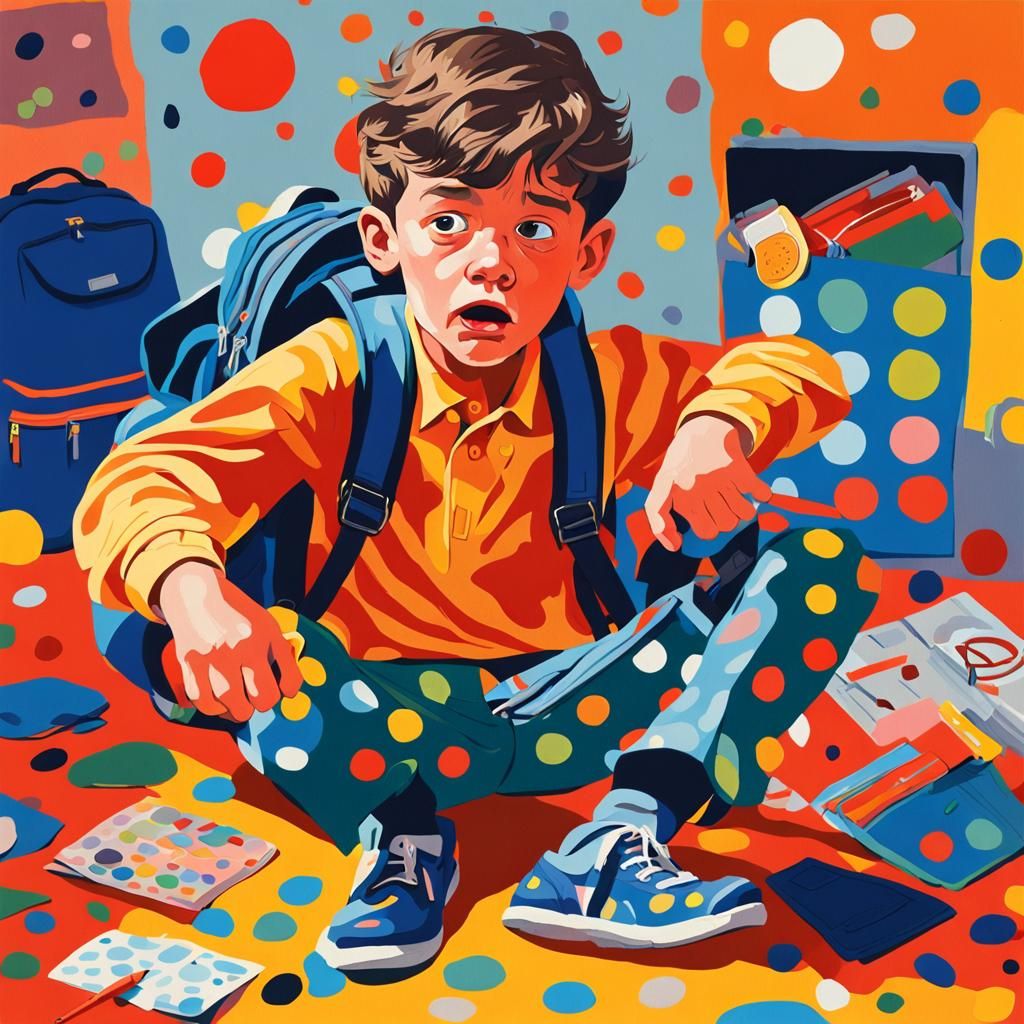 Frustrated Boy Throwing Schoolbag: Gouache Style Painting