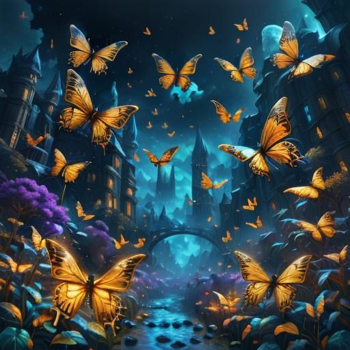 Golden Smoked Butterflies with Neon Crystallization