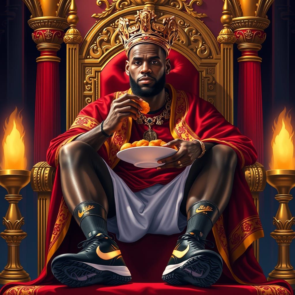 LeBron James as King in Lavish Gold and Crimson Robe, Eating...