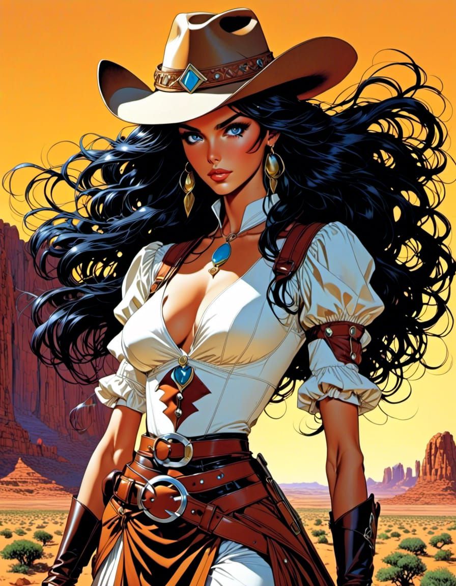 Anime Elf Cowgirl in Desert Landscape