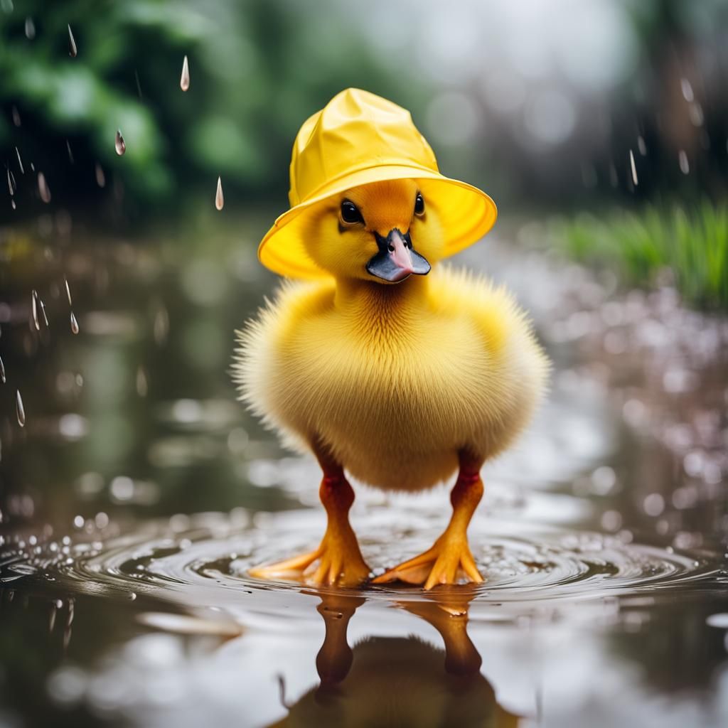 Adorable Duckling in Rain with Pink Beak