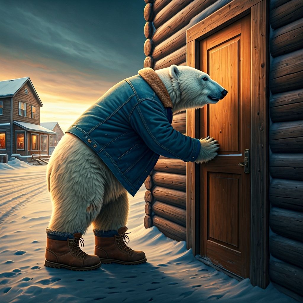 Polar Bear in Denim Jacket Seeks Shelter
