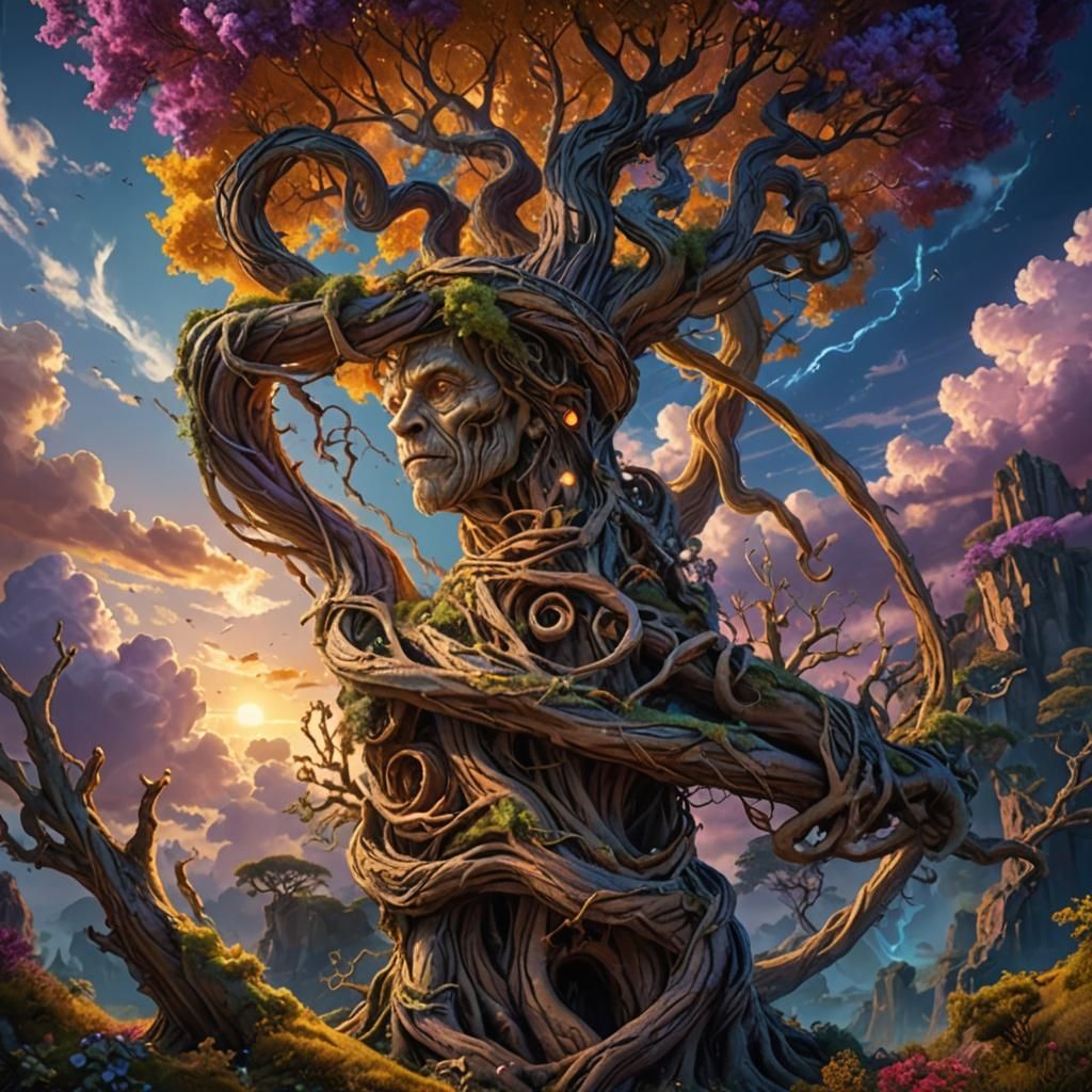 Fantastical Ancient Tree in Dreamlike Landscape