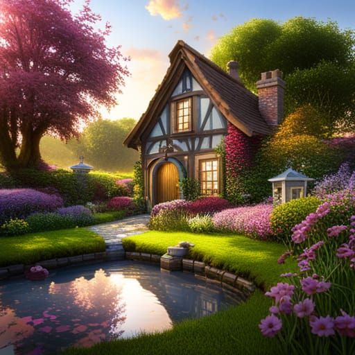Charming Brick House with Flower Garden: Digital Art