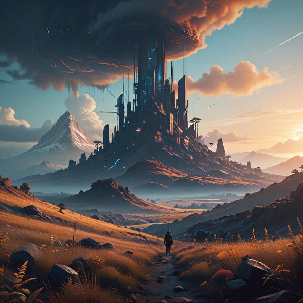 Misty Utopian Landscape with Futuristic Elements