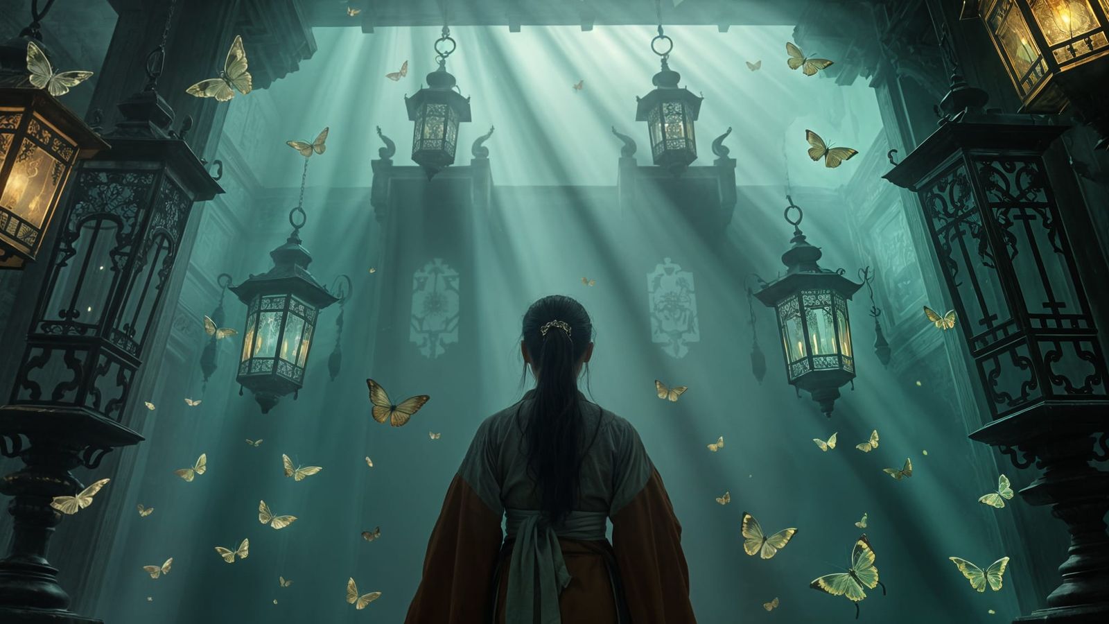 Ornate Lanterns and Bioluminescent Moths in Ancient Temple