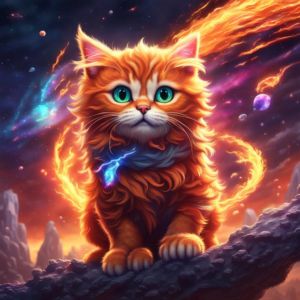 Fiery Galaxy Cat as Detailed Matte Painting