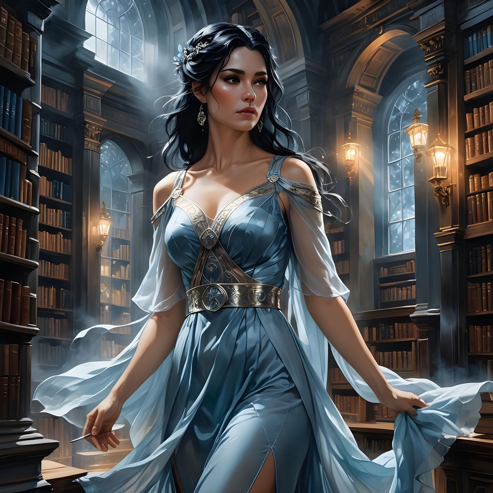 Stunning Norse Goddess in Ancient Library at Night