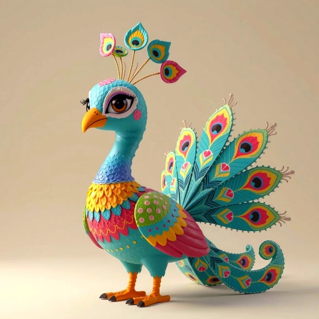 Colorful Peacock Alebrije in 3D Style