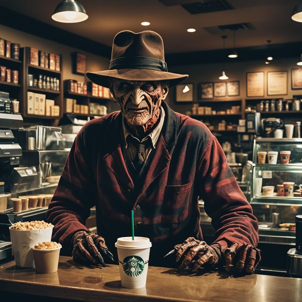 Freddy Krueger's Barista Gig: A Cinematic Film Still
