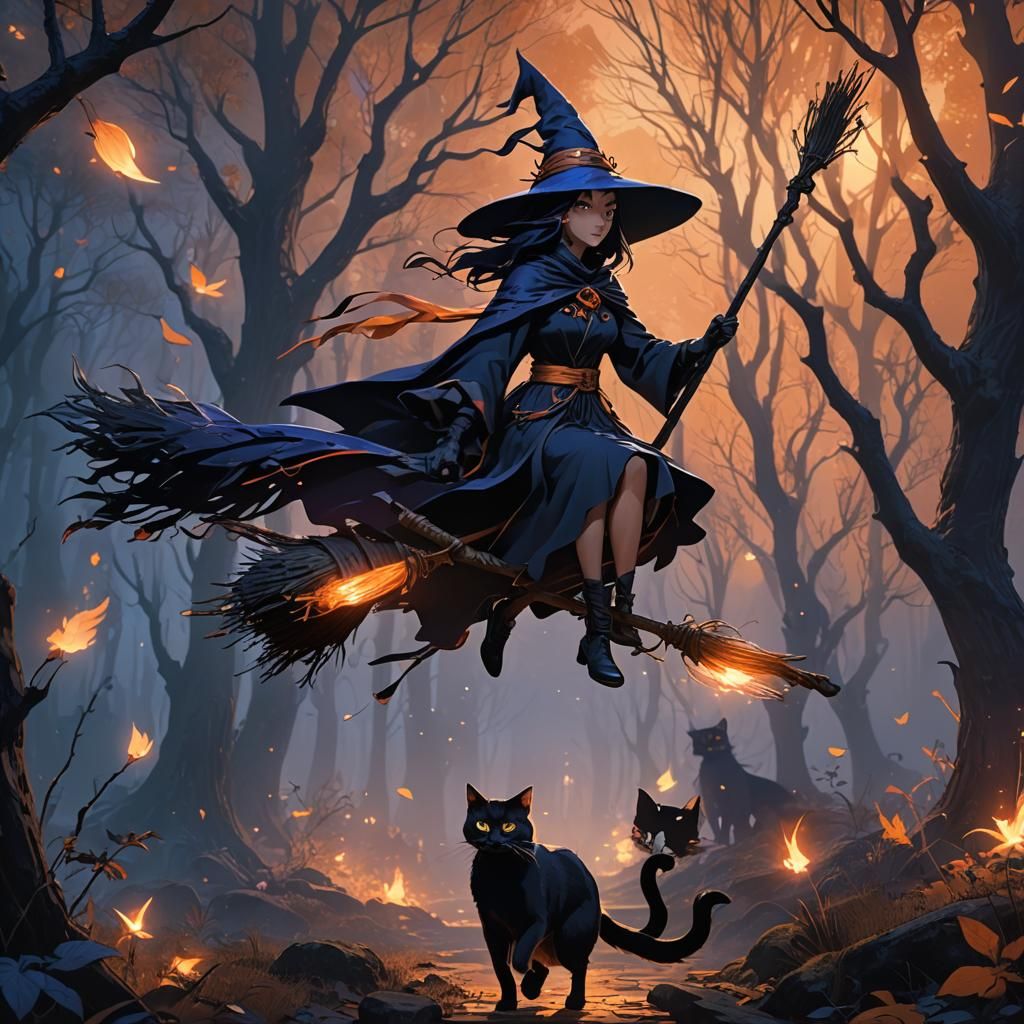 Anime Witch Soars on a Broom with a Cat in a Mystic Twilight...