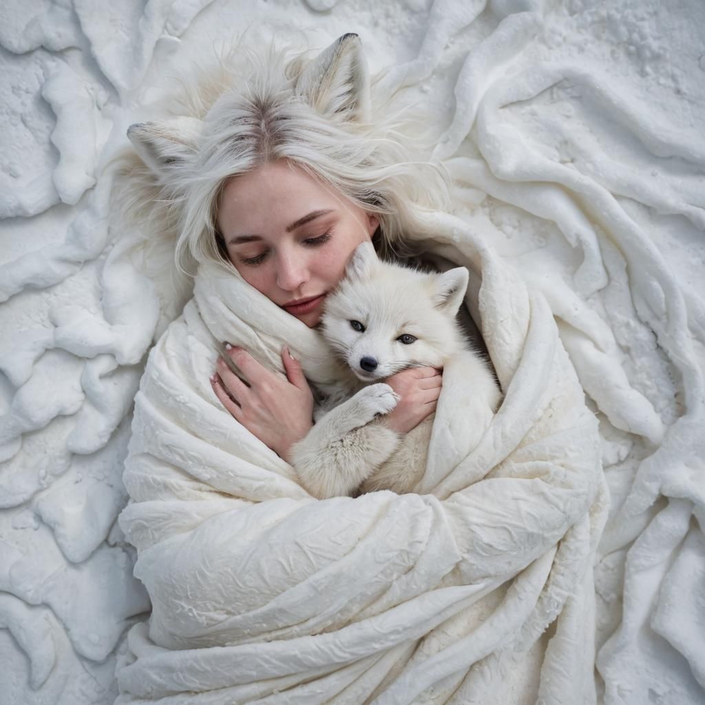 Baby and Fox Snuggling in Snowy Arctic Wasteland