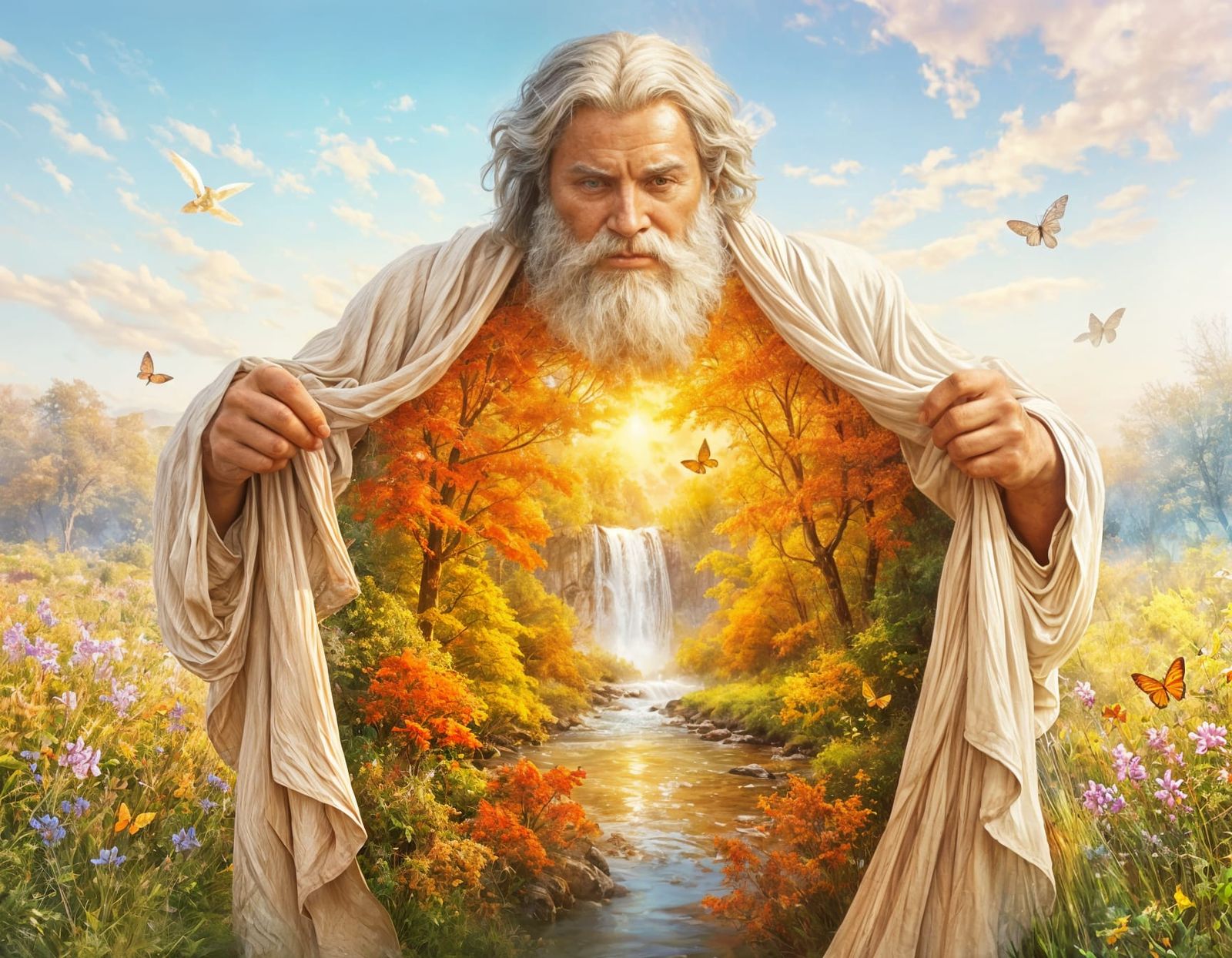 Bearded God Reveals Autumn Valley in Fantasy Art