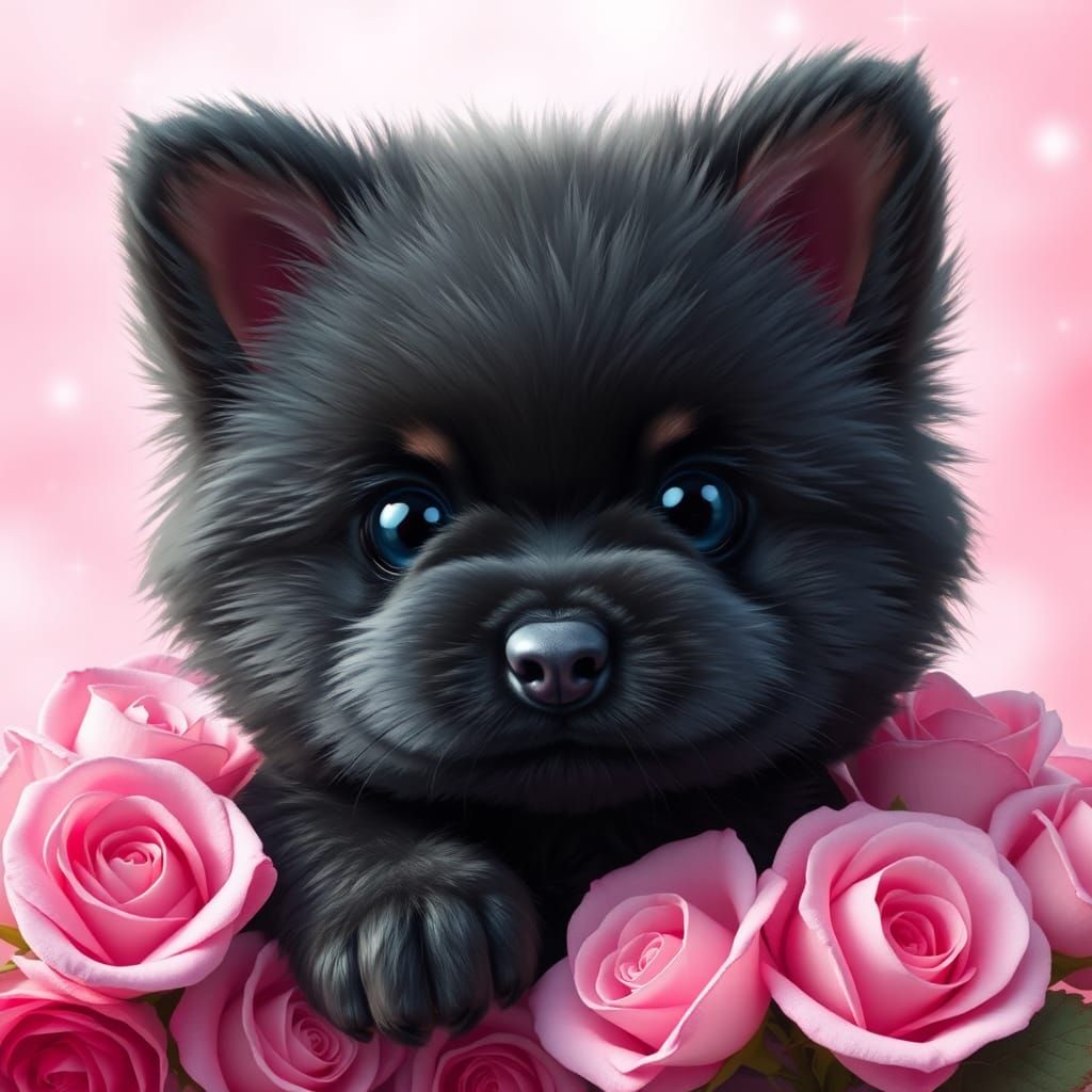 Fluffy Puppy Surrounded by Roses in Fantasy Style