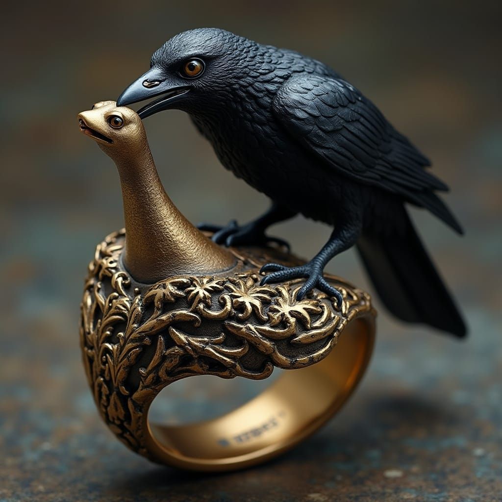 Ornate Crow Signet Ring in Victorian Style