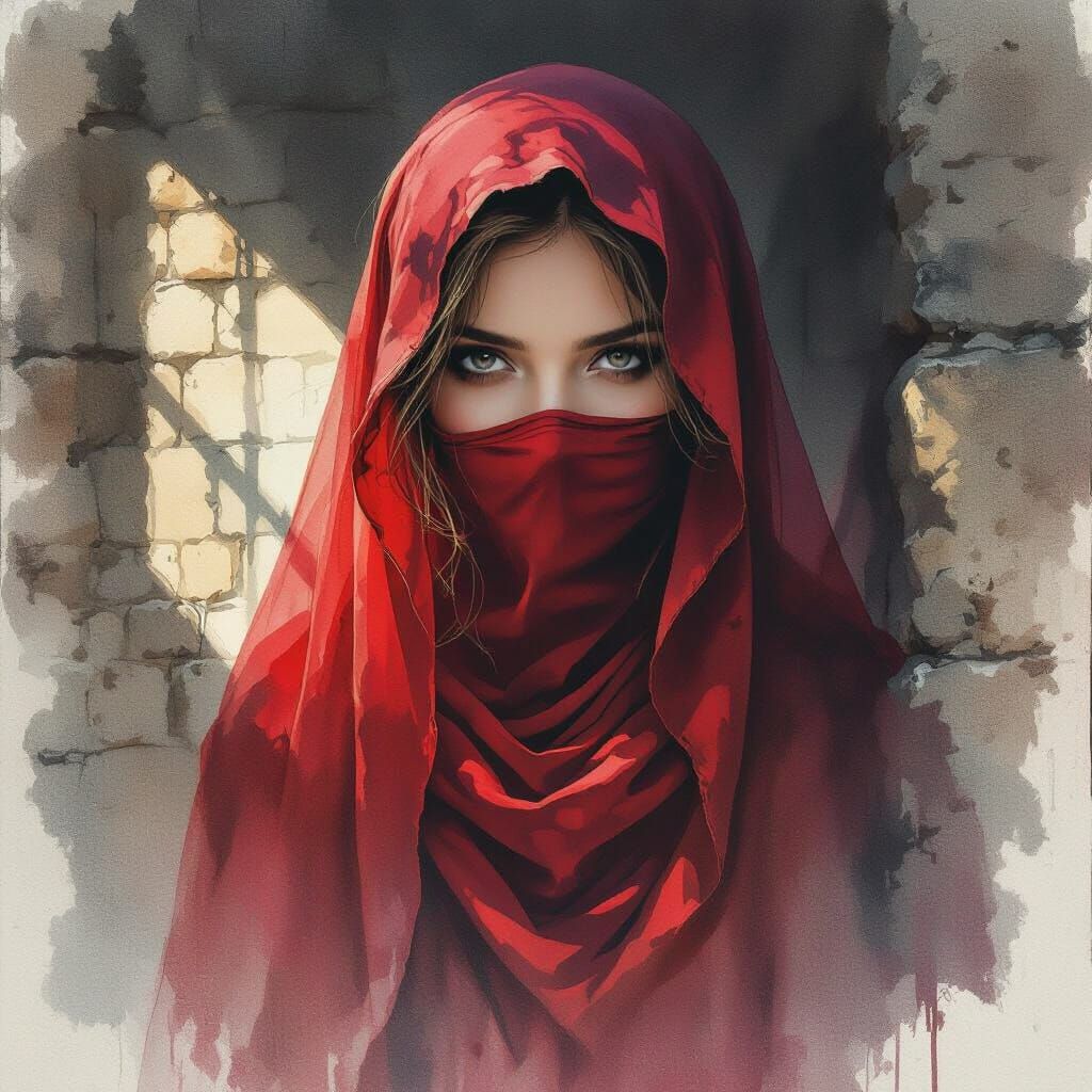 Enigmatic Woman in Red Veil Watercolor Portrait