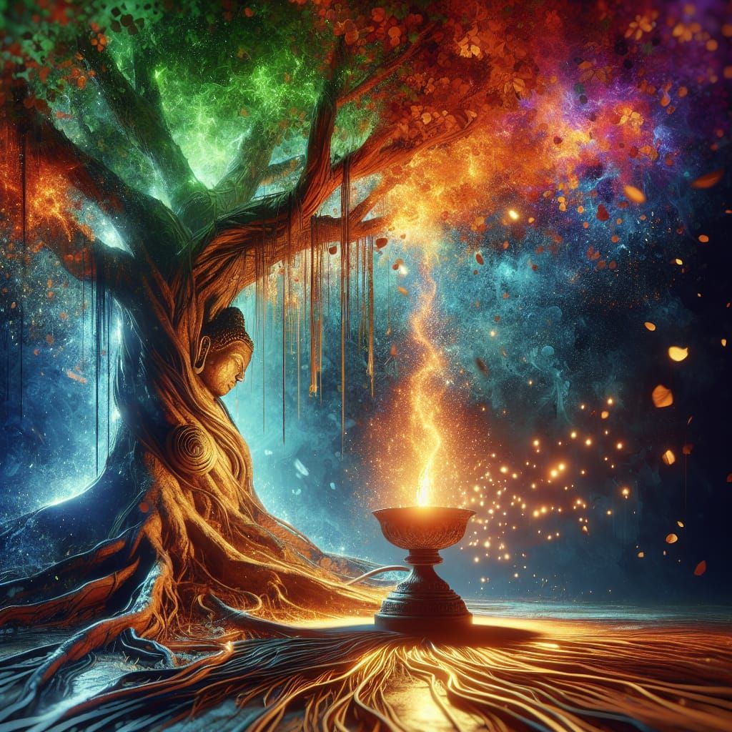 Hyperrealistic Bodhi Tree Illuminates Earthen Lamp