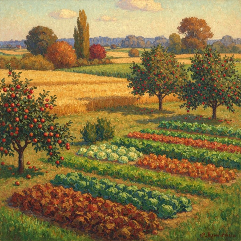 Vibrant Autumn Harvest Landscape in Impressionist Style