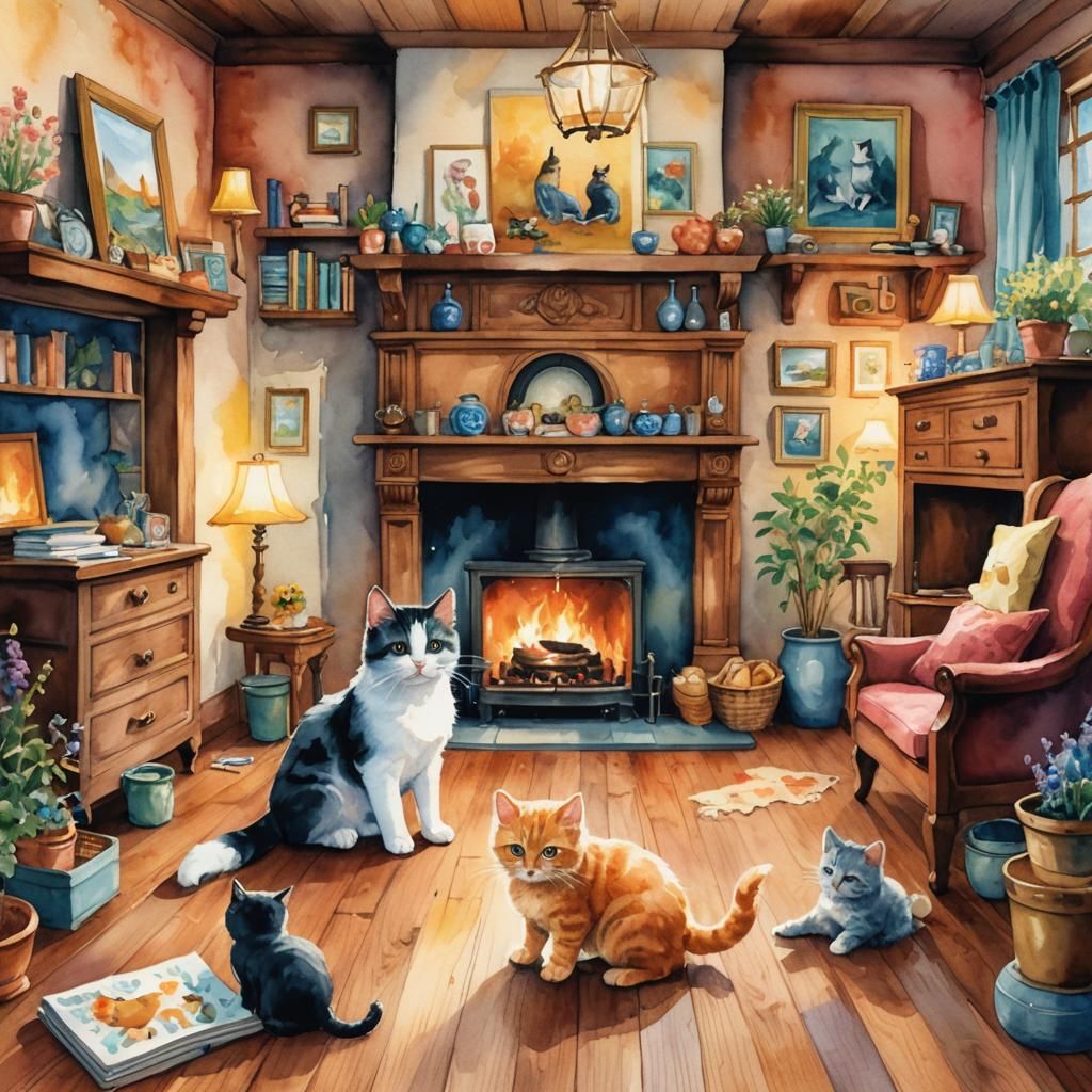 Whimsical Watercolor of Kittens and Puppies