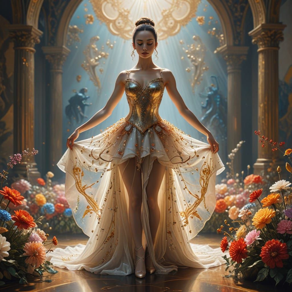 Ballerina on Floral Stage in Baroque Digital Art