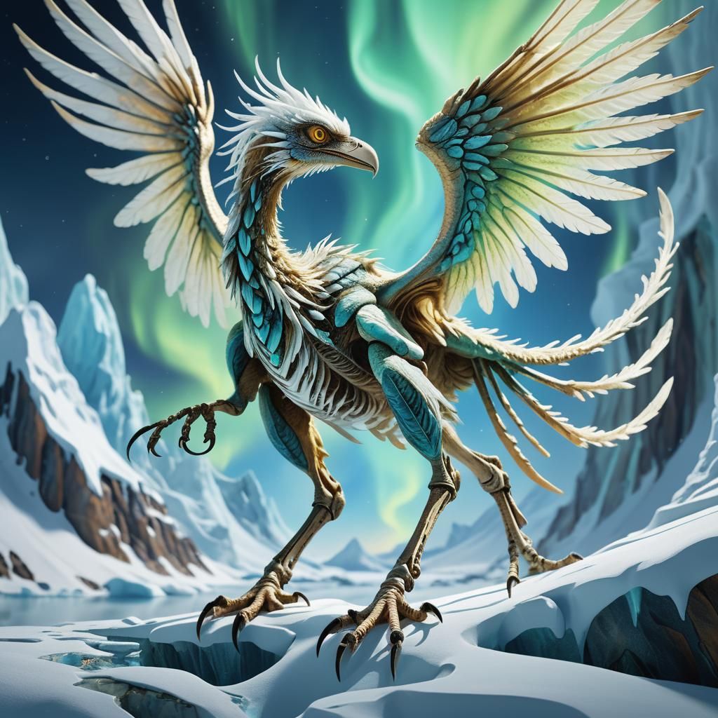 Alien Archaeopteryx-Dragon in Arctic Landscape, Digital Rend...