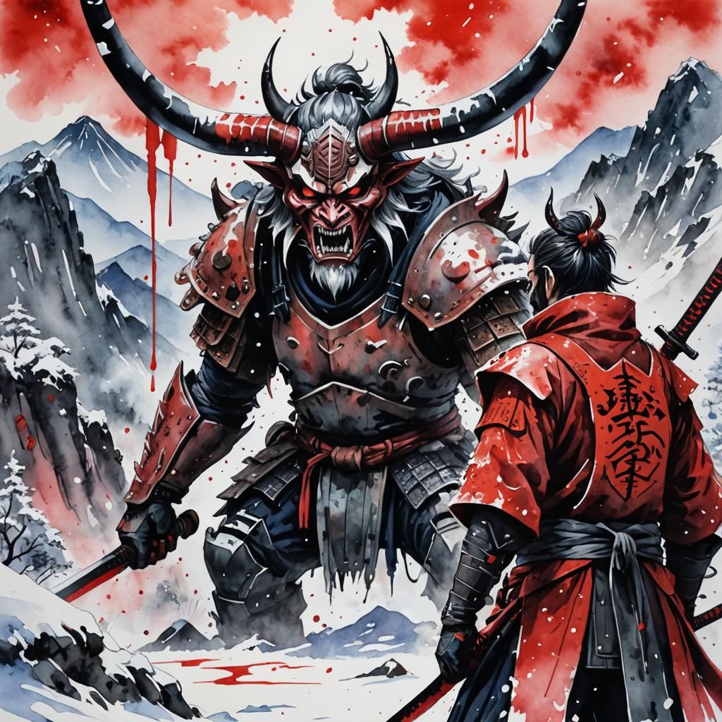 Ronin Faces Oni: Japanese Anime Watercolor Illustration