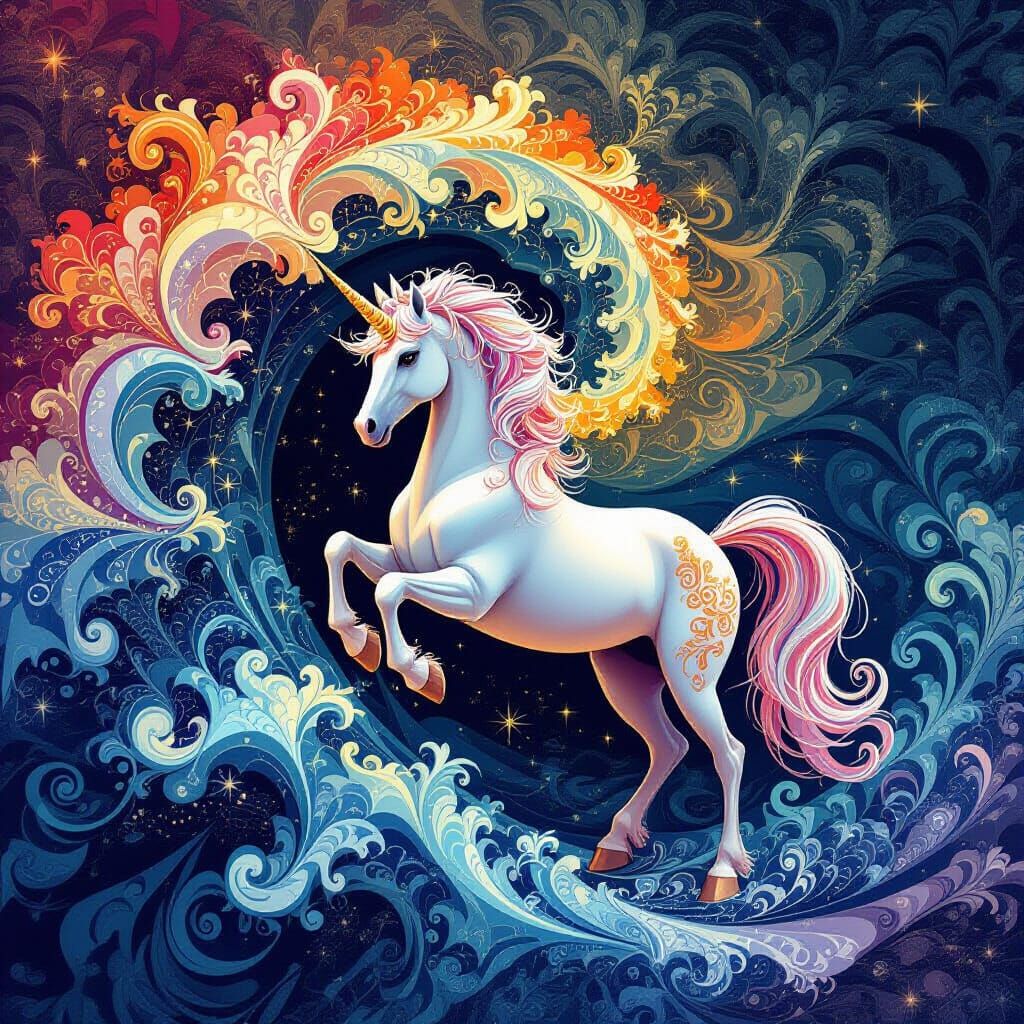 Majestic Unicorn in Abstract Fractal Wave