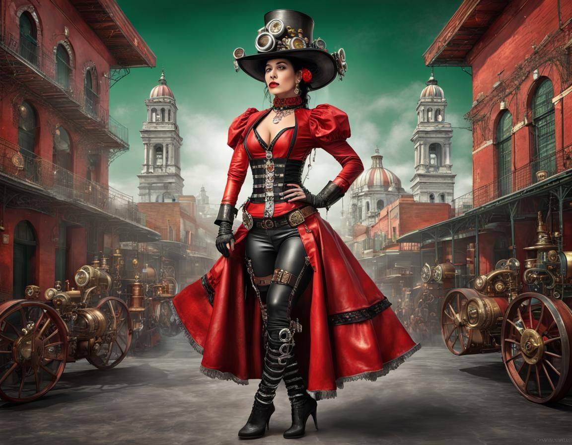 Steampunk Mexican Dancer in Detailed Cityscape
