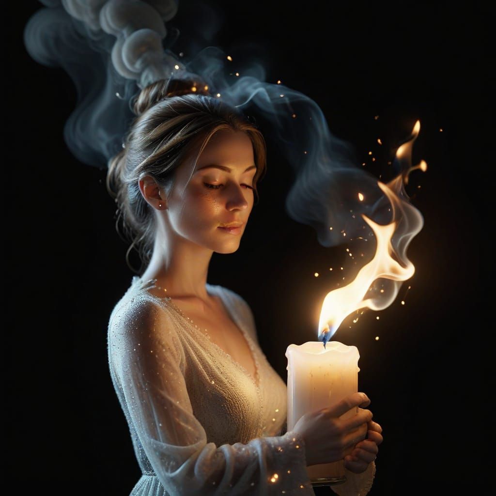 Photorealistic Candle Smoke Transforms Into Woman Holding Ba...