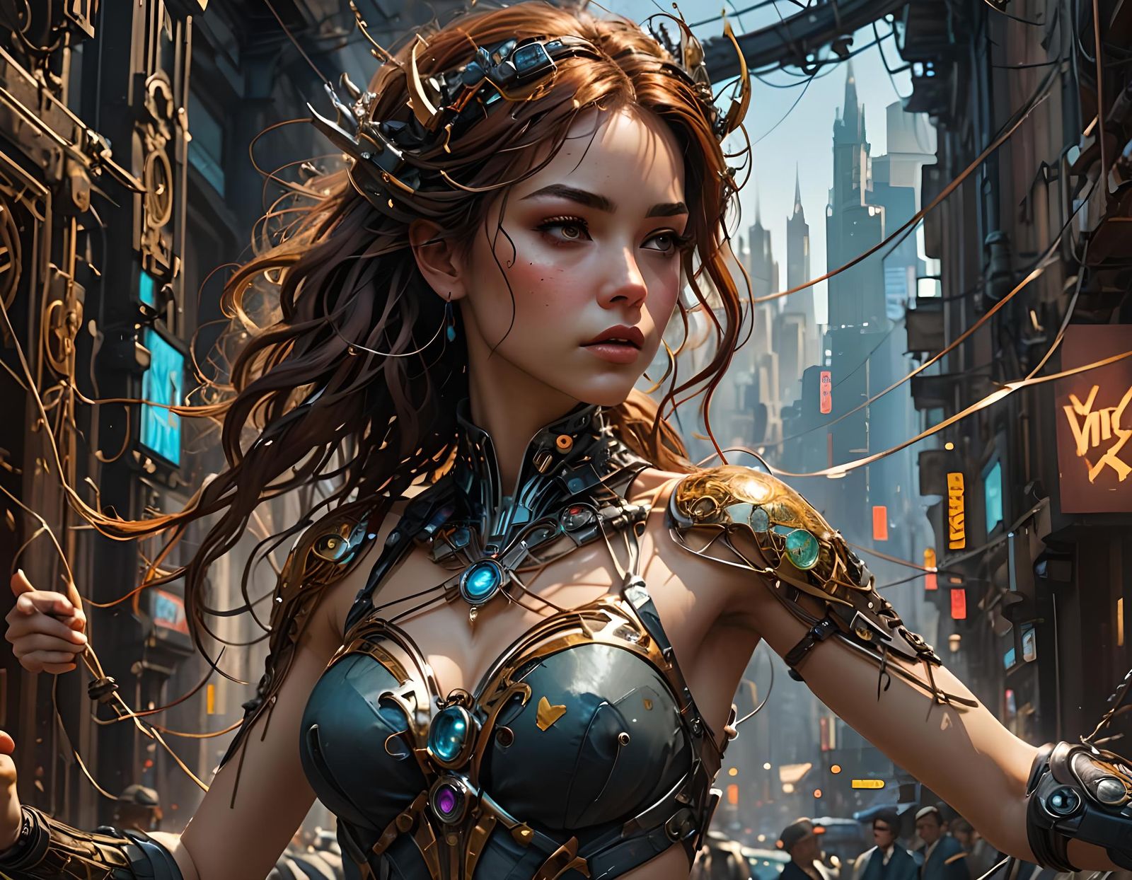 Futuristic Cityscape with Biomechanical Woman: Digital Art