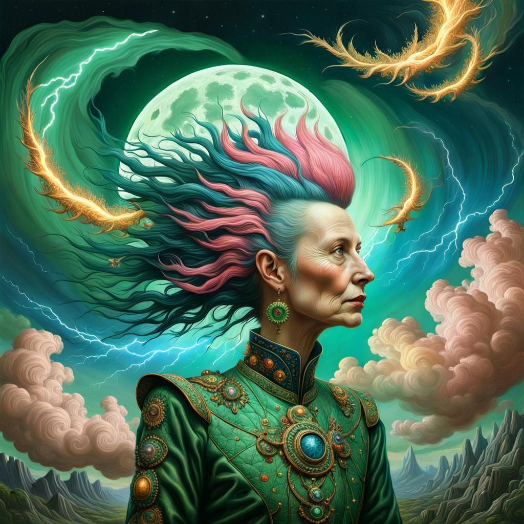 Fractal Mohawk Woman Flying in Colorful Lightning Storm