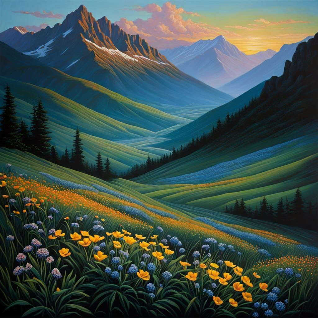 Surreal Dawn in Mountains with Vibrant Wildflowers