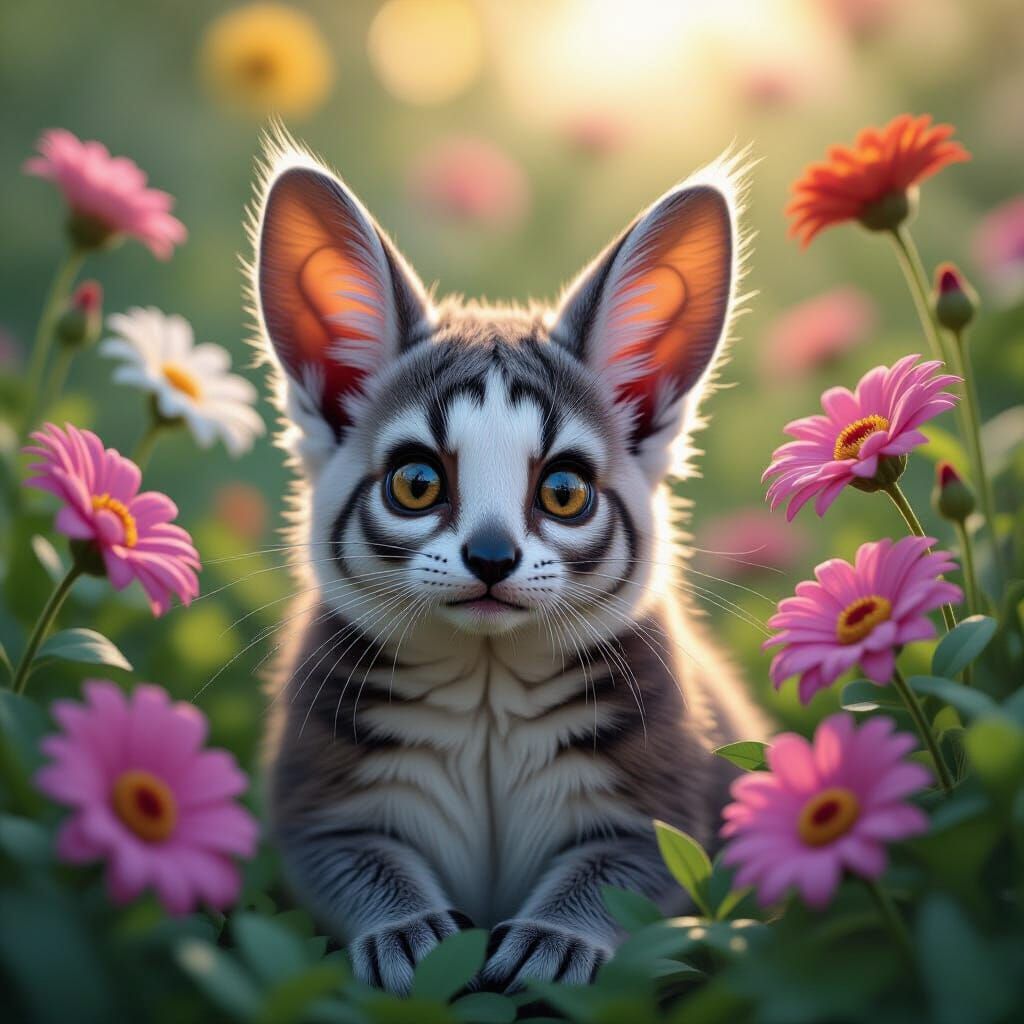 Cat-Lemur Hybrid in Flower Garden, Expressive Digital Art