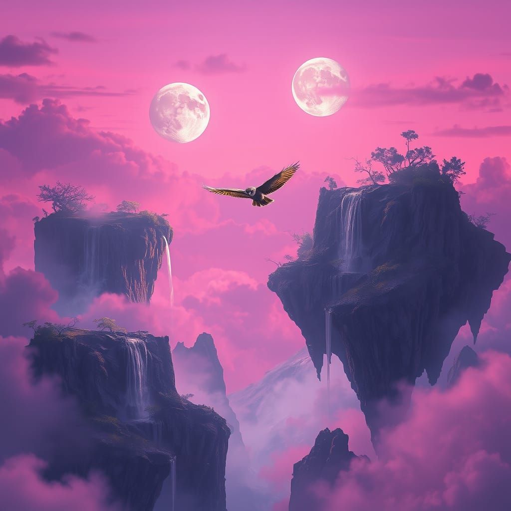 Floating Islands in Pink-Purple Sky with Twin Moons
