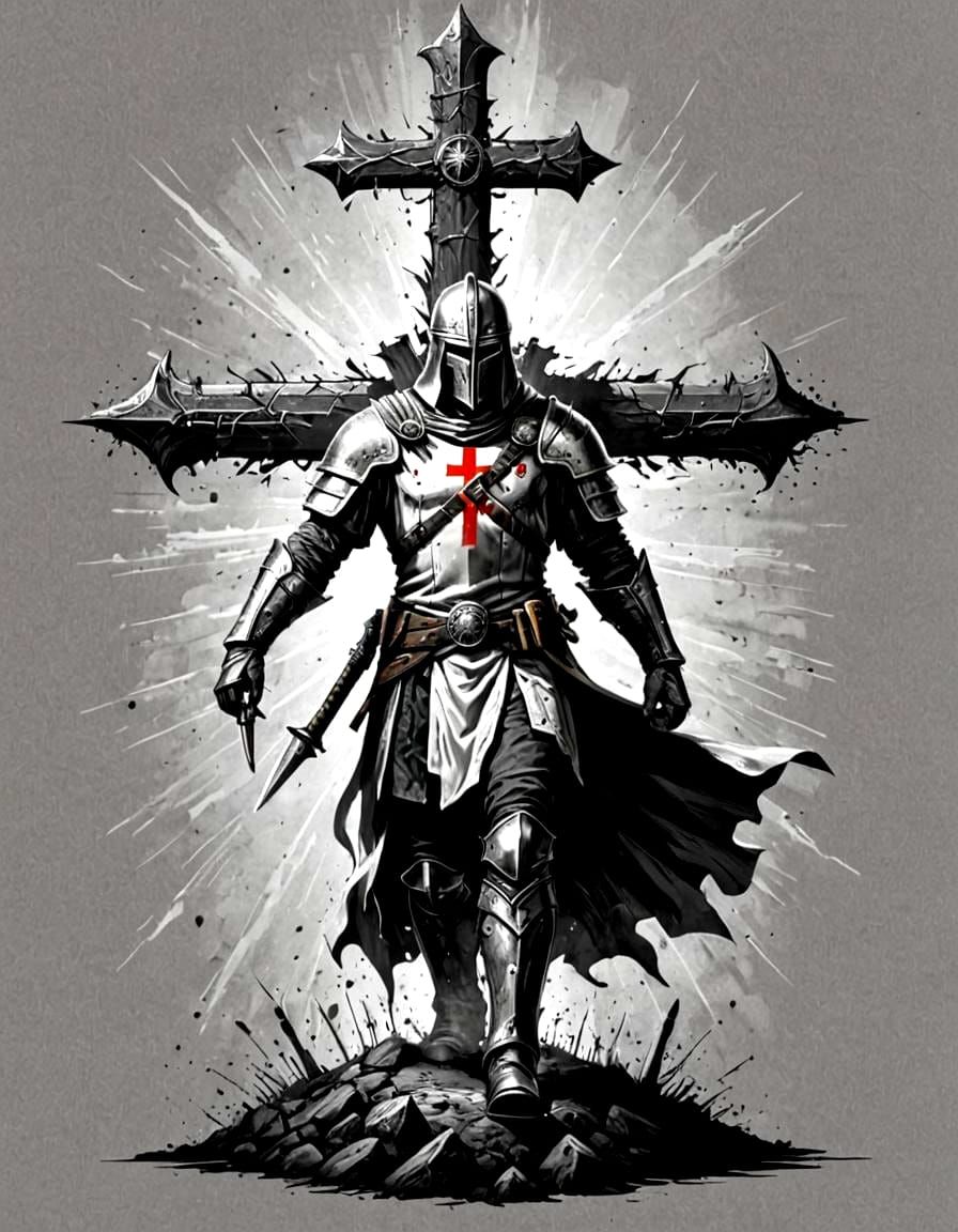 Templar Warrior Attack Formation: Black and White Art