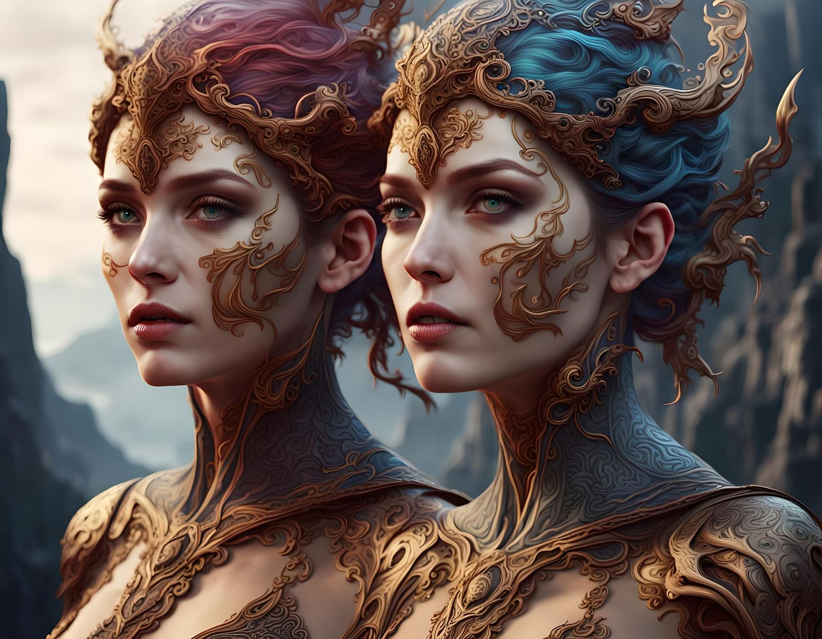 Fantasy Woman with Two Faces: Detailed Matte Painting