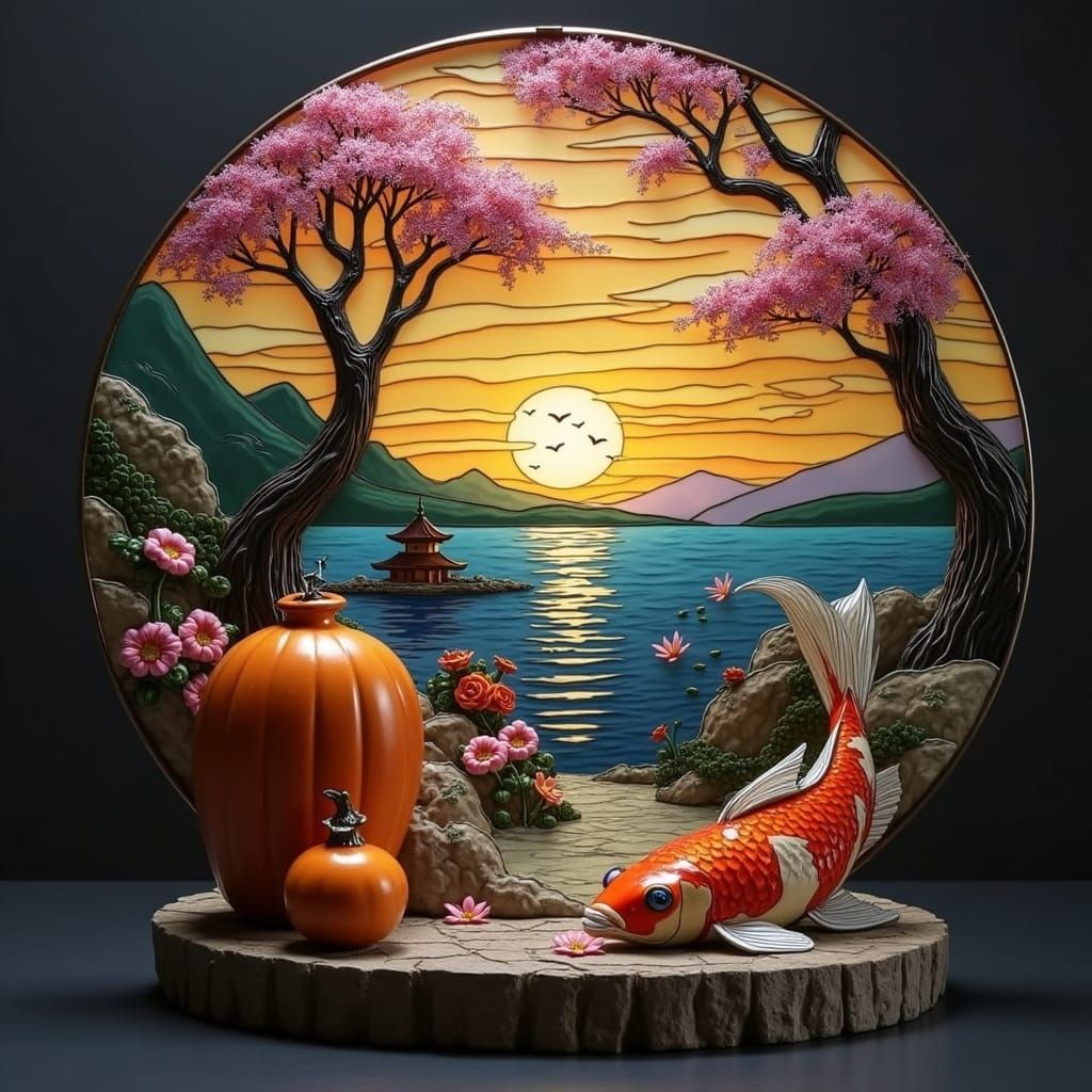 Luminous Japanese Seascape in Tiffany Style